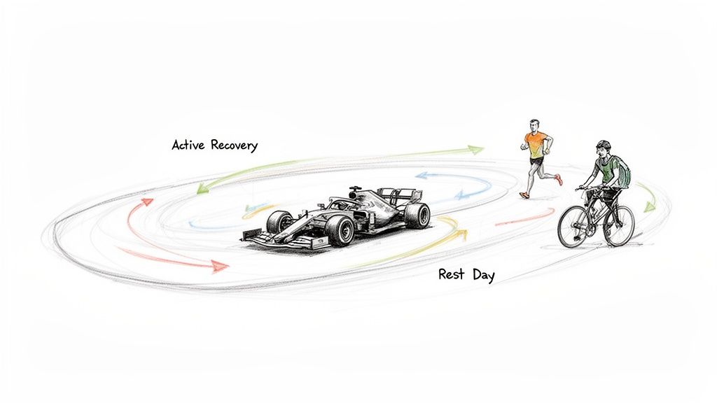 Illustration depicting an F1 race car, a runner, and a cyclist, representing active recovery and rest days.
