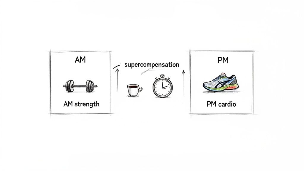 A diagram showing morning strength training, a period of supercompensation, and evening cardio workout.