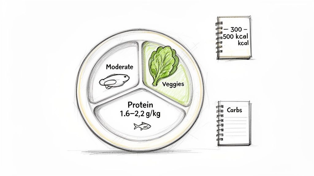 A diagram illustrates a balanced meal plate with sections for Moderate, Veggies, Protein, plus notes on Carbs and calories.