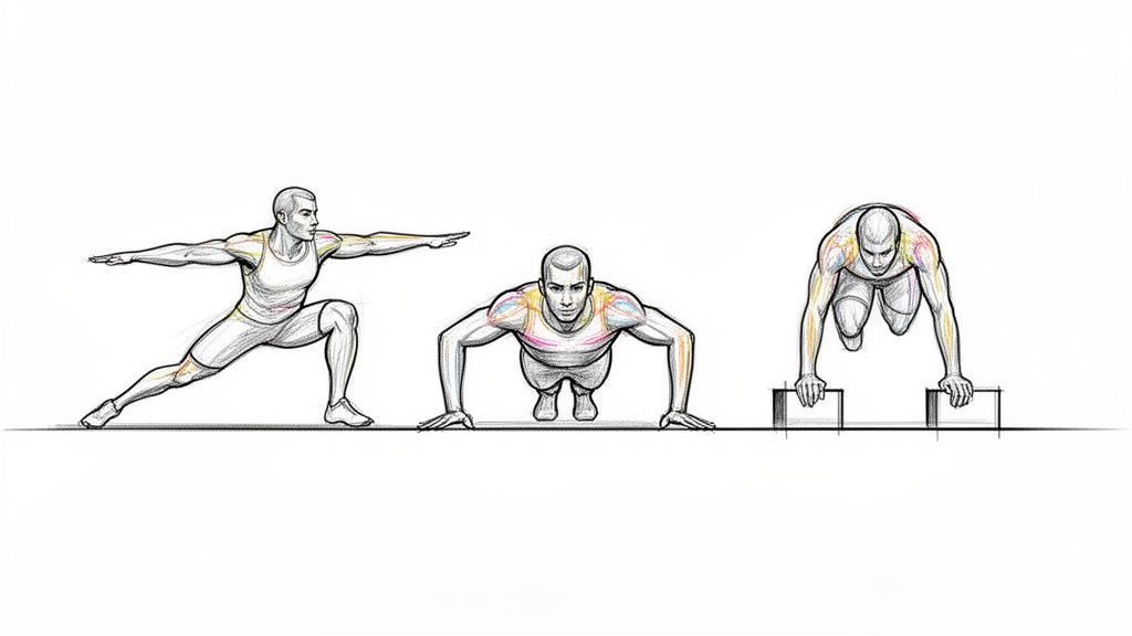 Illustration of a man demonstrating three bodyweight exercises: a lunge, a standard push-up, and an elevated push-up.