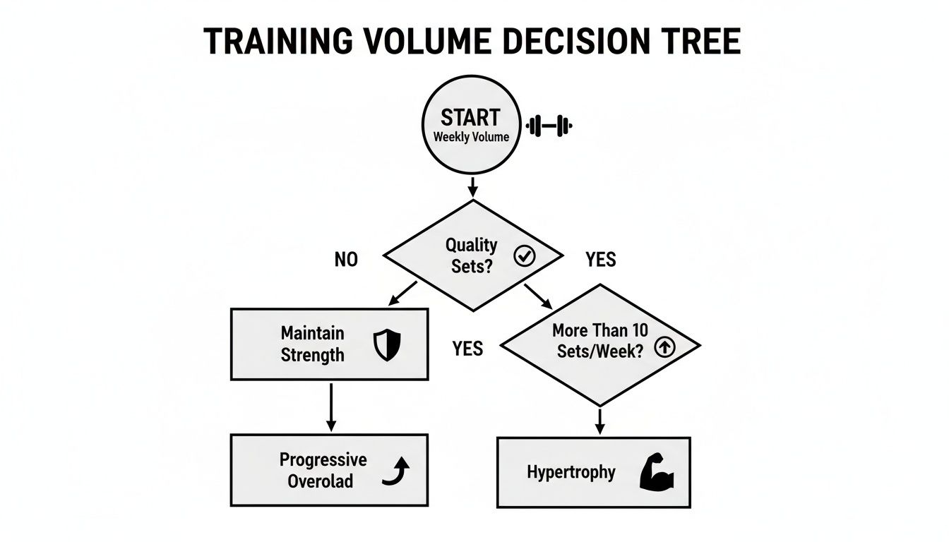 A training volume decision tree flowchart, guiding users from weekly volume to strength maintenance or hypertrophy goals.