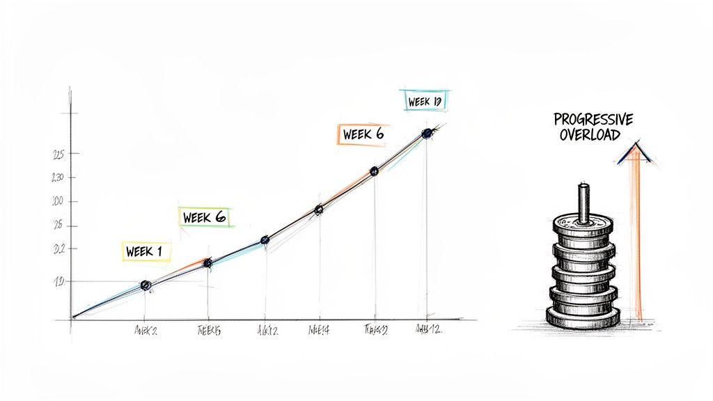A hand-drawn graph illustrates progress over 12 weeks, alongside a diagram showing progressive overload with weights.