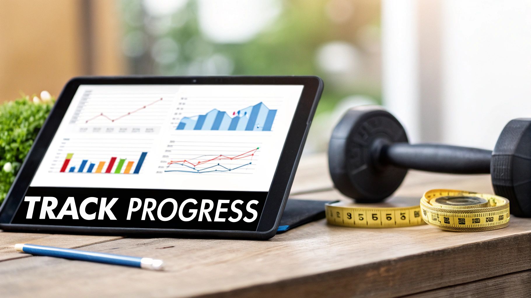 A tablet displays progress graphs and 'TRACK PROGRESS' text, alongside a dumbbell and measuring tape.