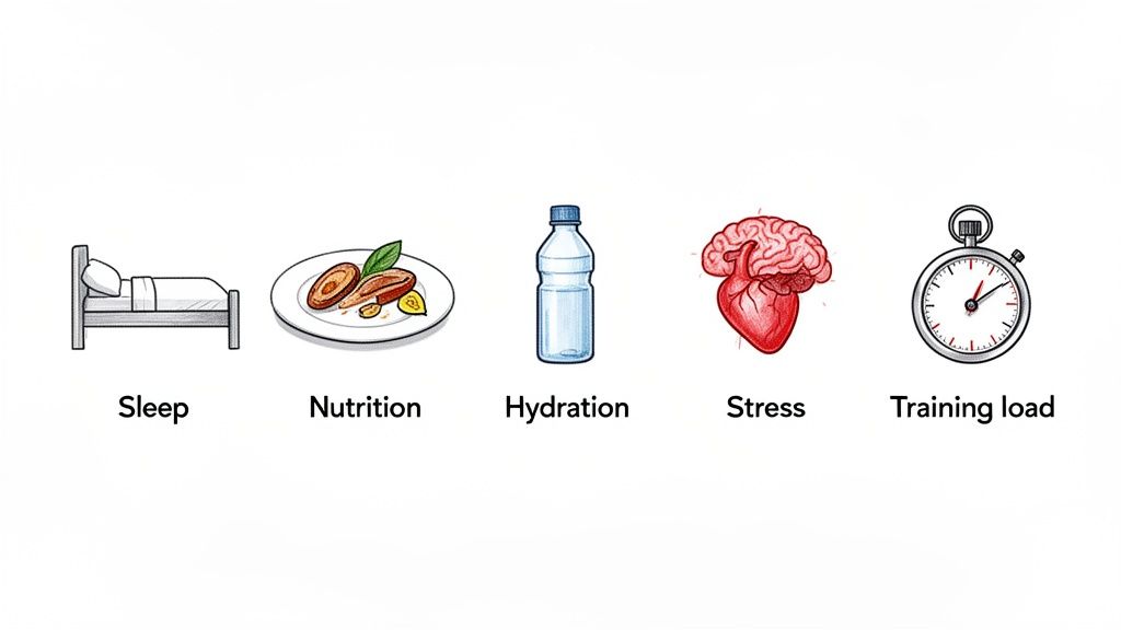 Icons representing sleep, nutrition, hydration, stress, and training load as key health factors.