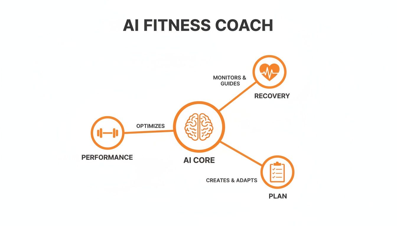 Diagram illustrating an AI fitness coach's core functions: optimizing performance, guiding recovery, and adapting plans.