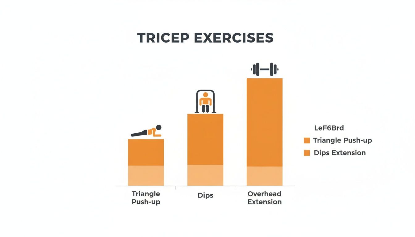 A stacked bar chart comparing tricep exercises: Triangle Push-up, Dips, and Overhead Extension, with contributions shown.