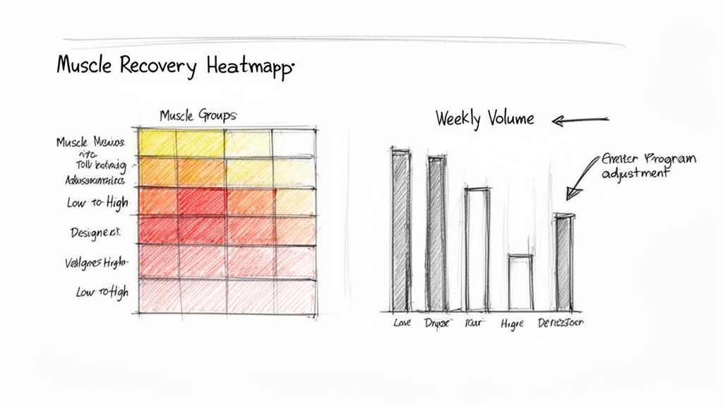 Hand-drawn sketch illustrating a muscle recovery heatmap with various muscle groups and a weekly volume bar chart, indicating program adjustments.