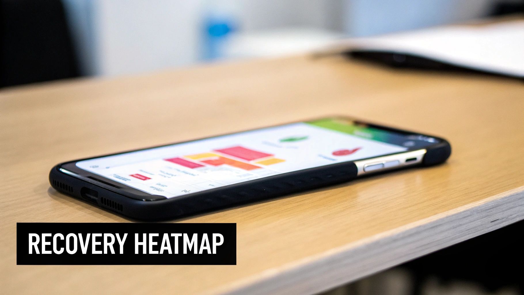 A close-up of a smartphone screen displaying a recovery heatmap, placed on a light wooden table.
