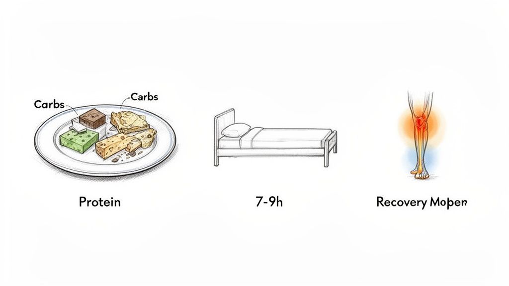Visual guide for muscle recovery: balanced nutrition (carbs, protein), adequate sleep (7-9h), and leg recovery.