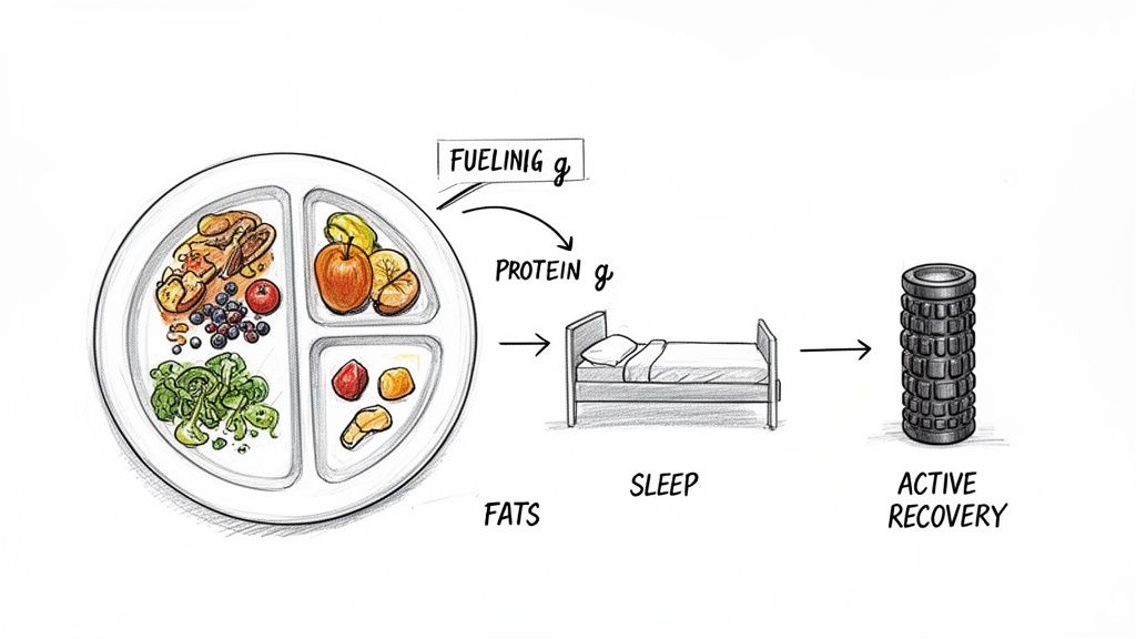 An illustration showing a balanced plate of food for fueling, protein, and fats, leading to sleep and active recovery.