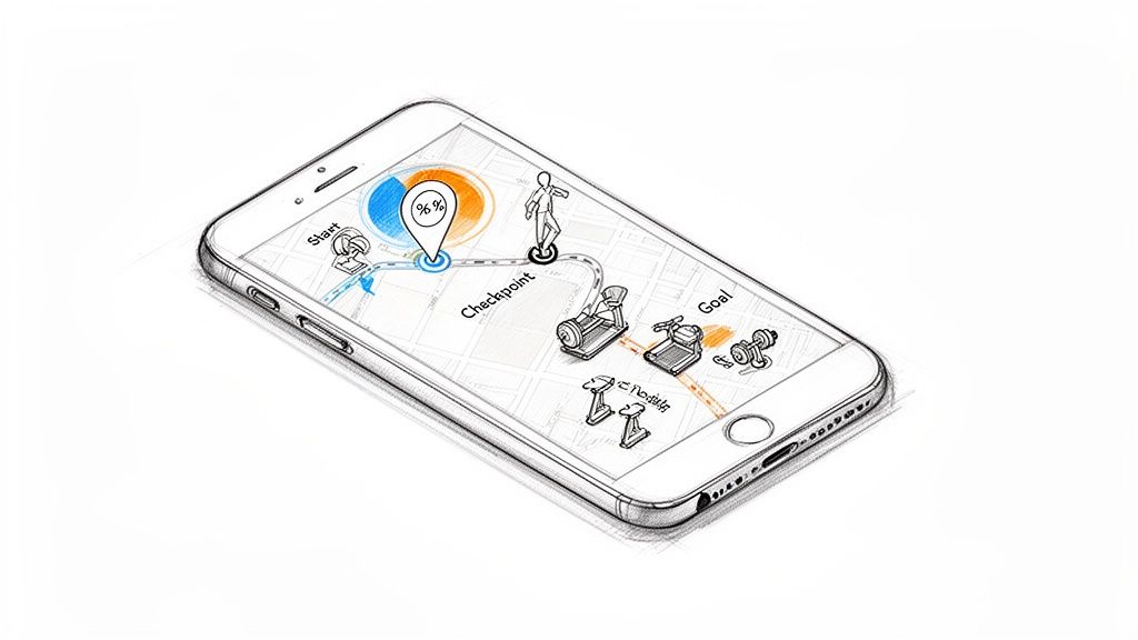 Hand-drawn smartphone displaying a workout planner app with a map, route, progress, and gym equipment.