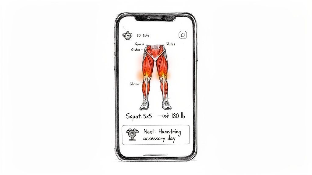 A fitness app displays a leg workout, showing target muscles, sets, weight, and next session.