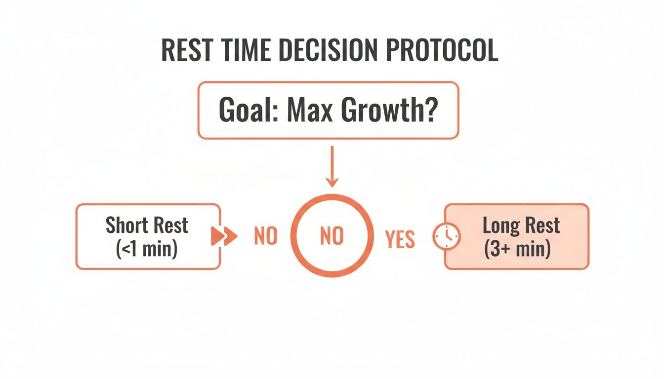 A flowchart illustrates a rest time decision protocol, advising short or long rest based on max growth goal.