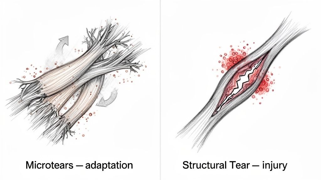 Illustrations comparing muscle microtears for adaptation with a severe structural tear representing an injury.