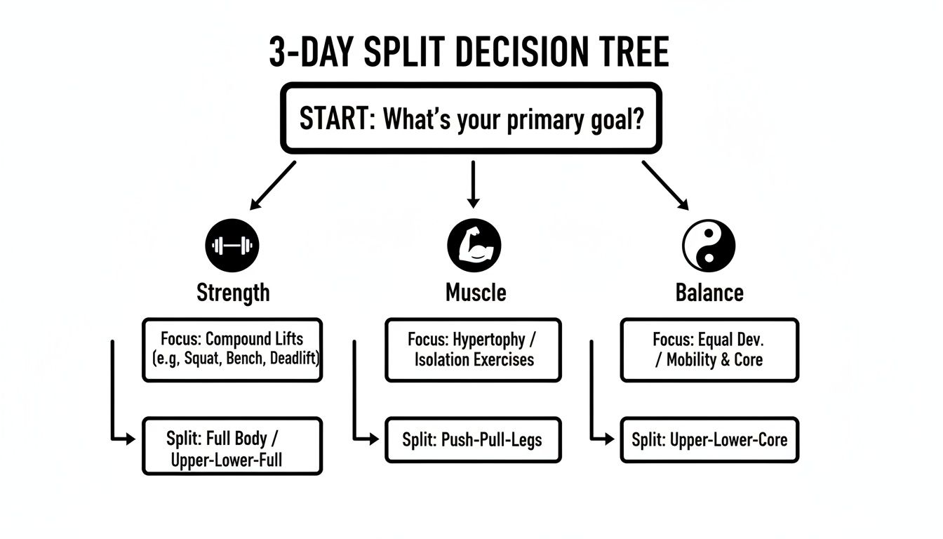 Decision tree illustrating 3-day workout splits based on strength, muscle, or balance goals.