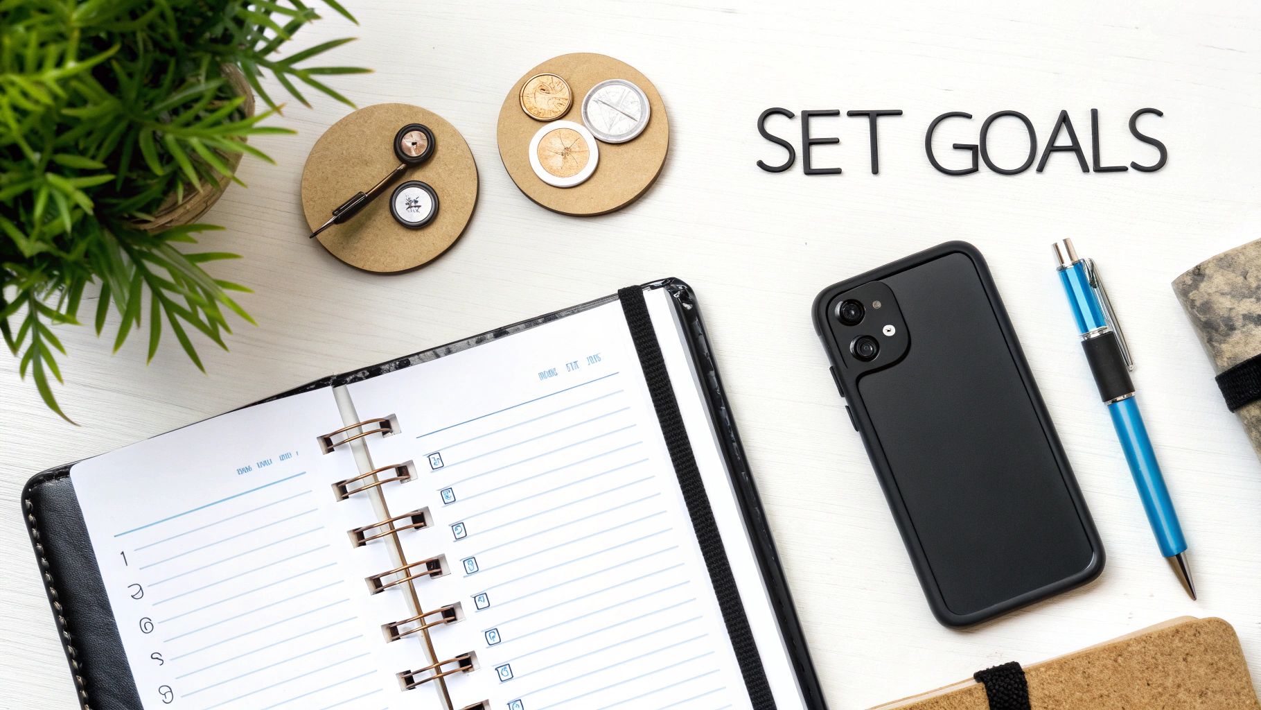 Overhead view of a desk with an open planner, smartphone, pen, plant, and "SET GOALS" text.