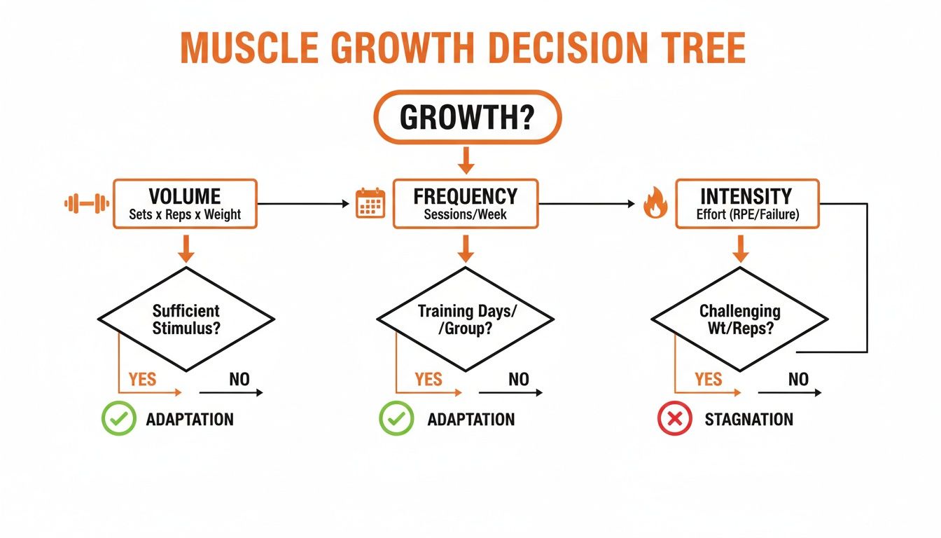 Decision tree for muscle growth, outlining factors like volume, frequency, and intensity for adaptation or stagnation.