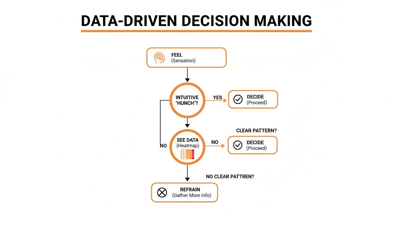 A flowchart illustrates a data-driven decision-making process, moving from intuition and data analysis to making a decision.