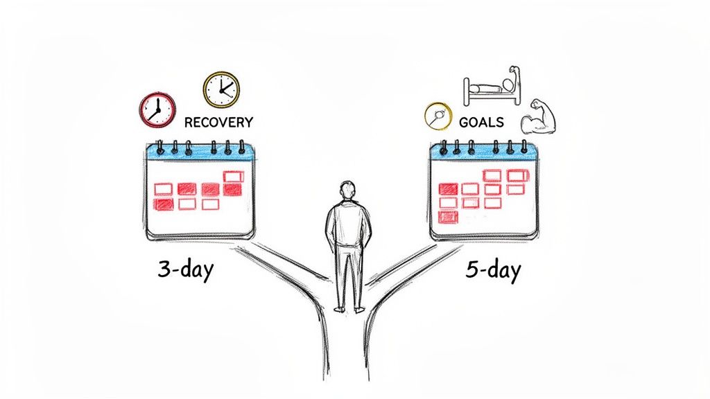 A person at a crossroads choosing between a 3-day recovery plan and a 5-day goal-oriented plan.