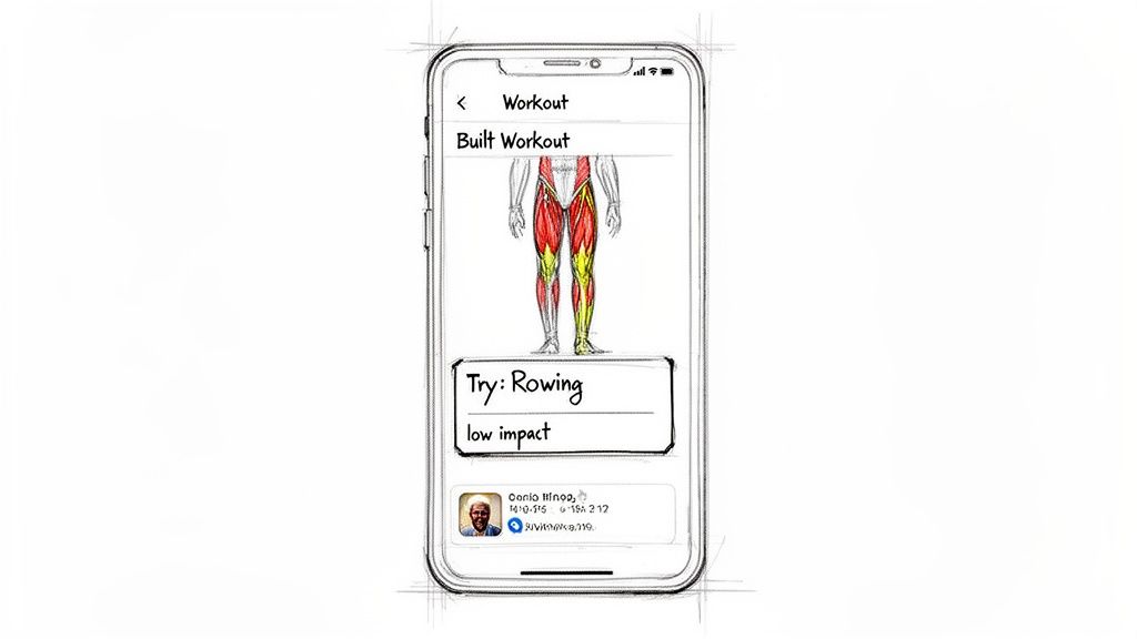 Smartphone screen showing a fitness app suggesting rowing as a low-impact workout with a muscle diagram.