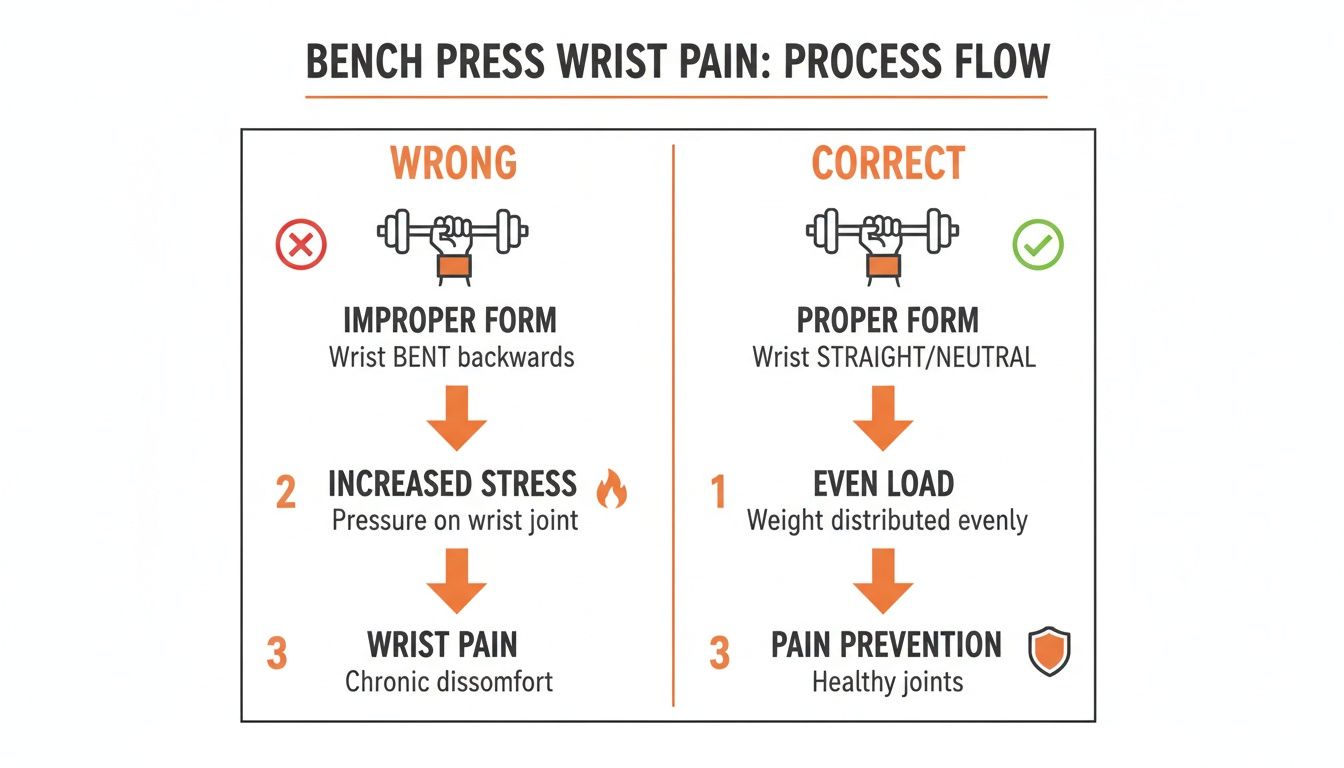 Flowchart illustrating wrong and correct bench press form, showing causes of wrist pain and prevention.