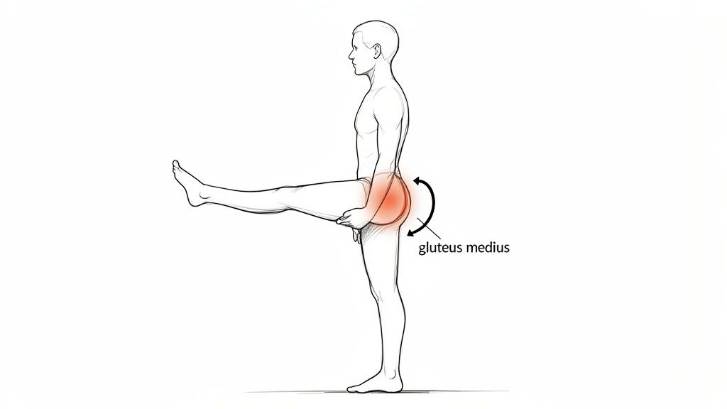 Illustration of a person performing a lateral leg raise, highlighting the gluteus medius muscle with an arrow.