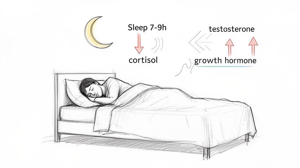 Illustration of a person sleeping, depicting the hormonal benefits of 7-9 hours of sleep.