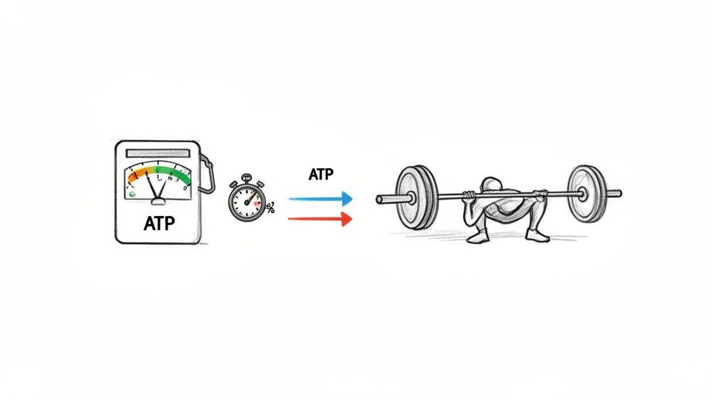 Diagram illustrating ATP energy levels from a gauge, a stopwatch, and a person doing barbell squats.