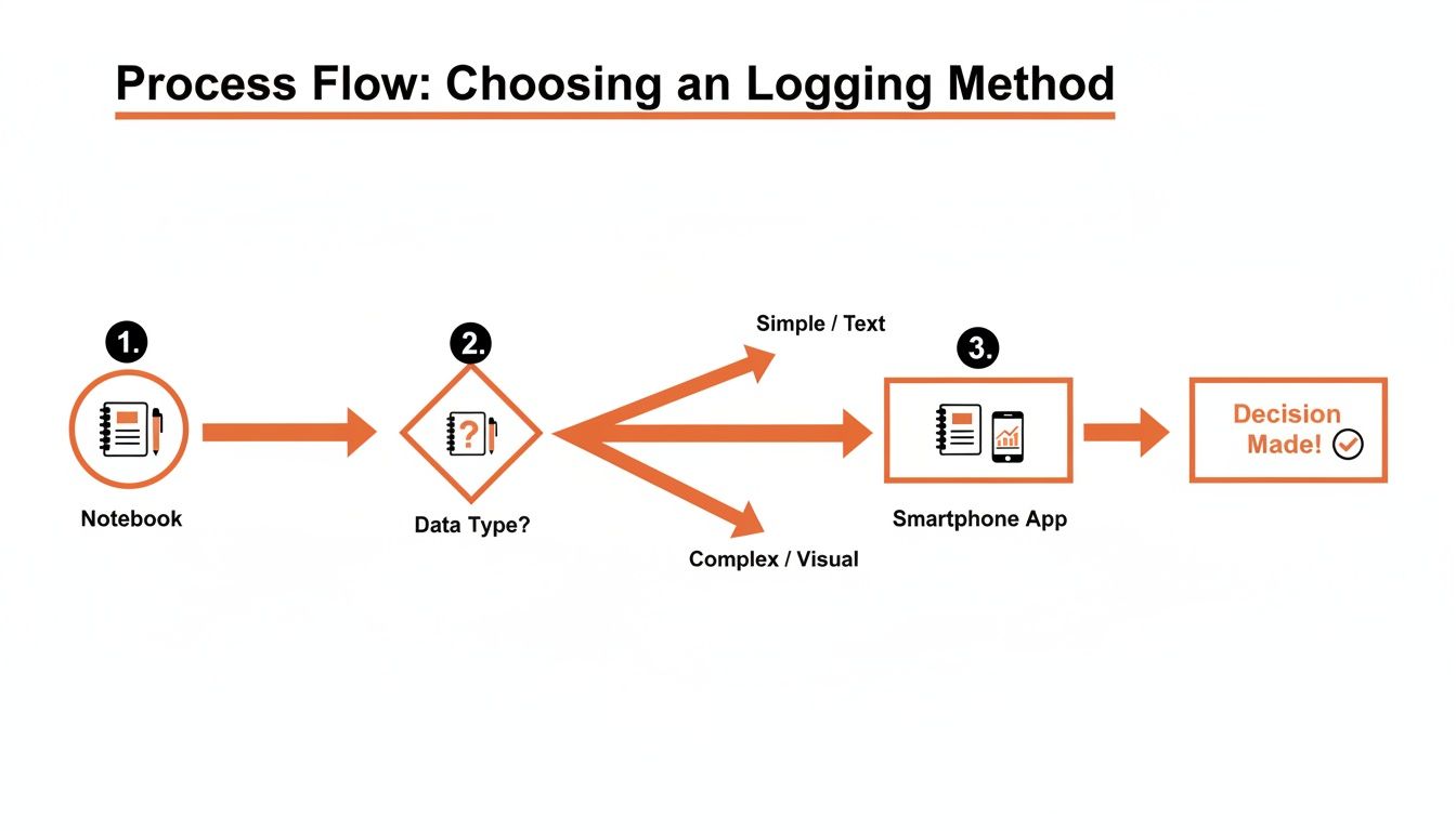 Flowchart showing steps to choose a logging method based on data type, concluding with a smartphone app.