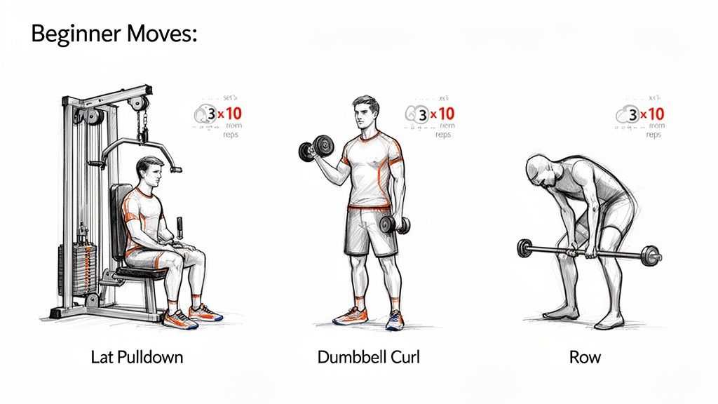 Illustration of three beginner exercises: Lat Pulldown, Dumbbell Curl, and Barbell Row, each with 3 sets of 10 reps.