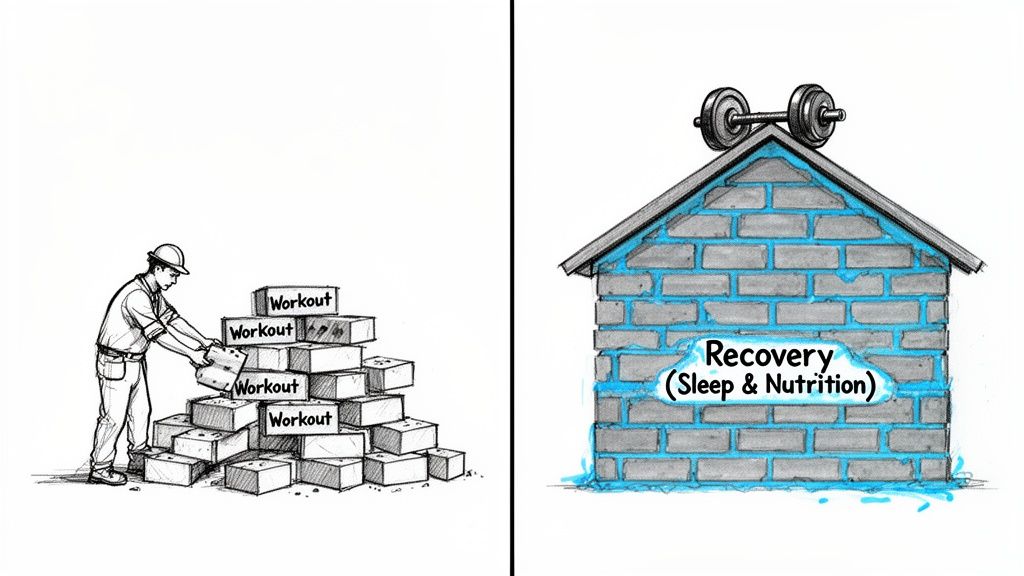 A builder stacks 'Workout' bricks, while 'Recovery (Sleep & Nutrition)' forms a strong brick house.