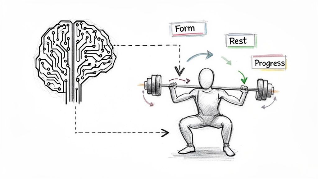A diagram showing a circuit board brain connected to a person squatting with a barbell, emphasizing form, rest, and progress.