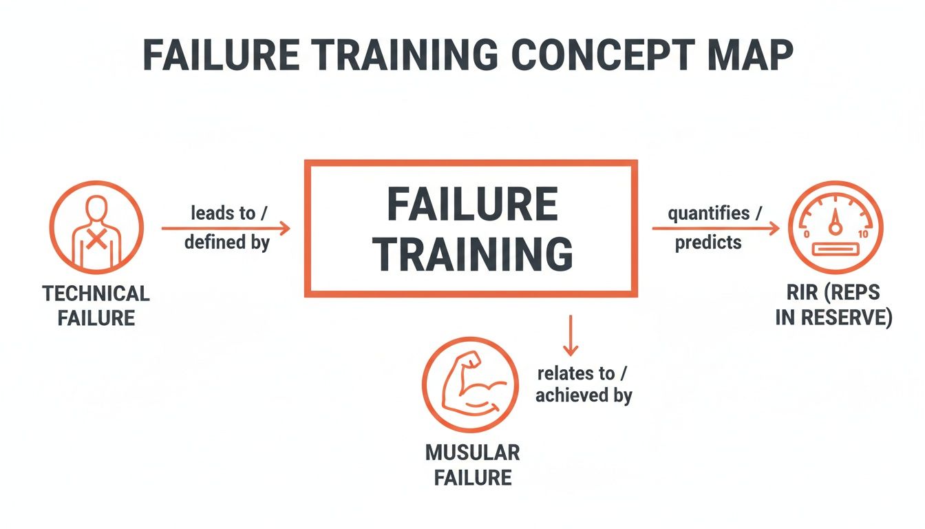 A concept map illustrating Failure Training, linking it to technical and muscular failure, and reps in reserve.