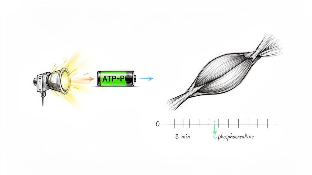 Illustration of a spotlight powering an ATP-P battery, leading to muscle energy with phosphocreatine over a 3-minute timeline.