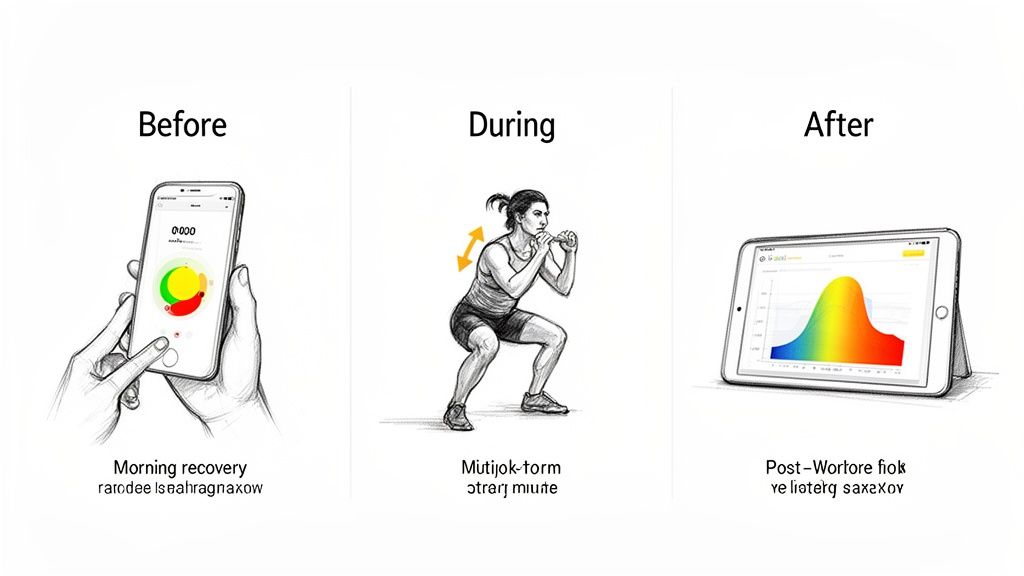 Three panels illustrating a fitness journey: app-based recovery, workout, and performance tracking.