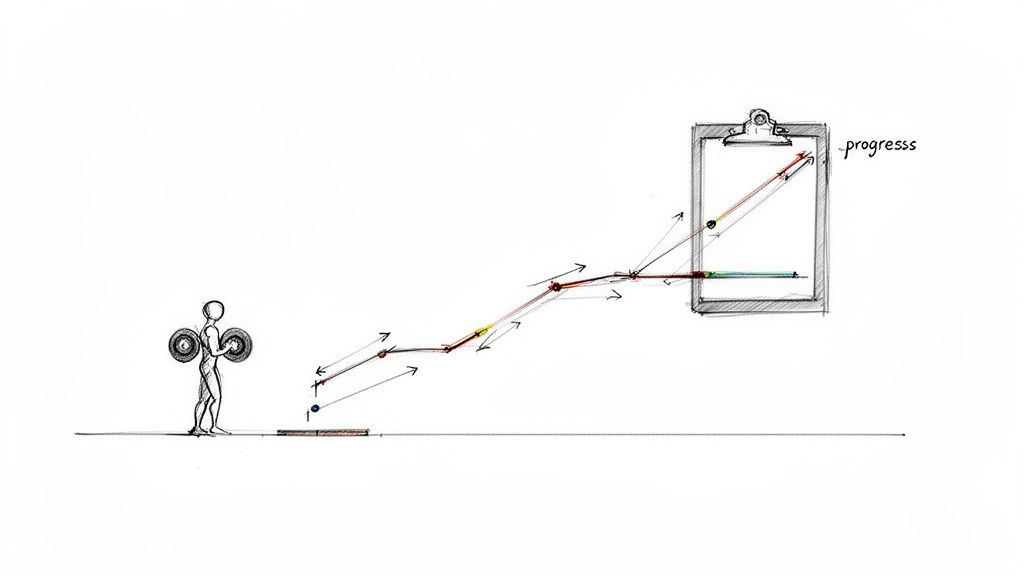 Illustration showing a stick figure lifting weights, with a line graph displaying progress on a clipboard.