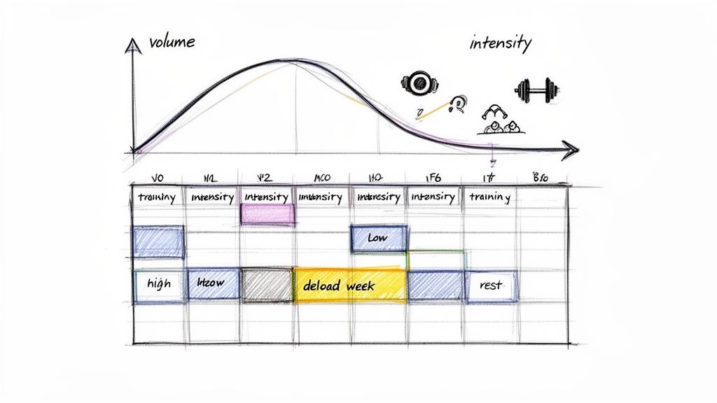 A hand-drawn graph illustrating training volume and intensity curves with a detailed grid of workout phases.