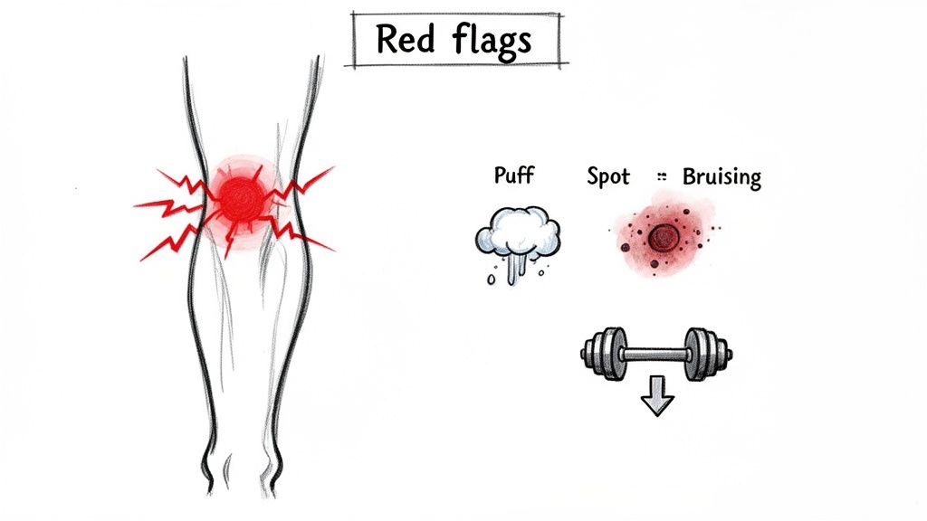 An illustration of red flags for muscle soreness versus pain, showing knee pain, swelling, bruising, and pain with weight.