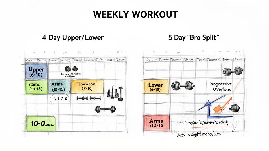 Two weekly workout schedules, a 4-day upper/lower and a 5-day bro split, showing exercise categories and progressive overload.
