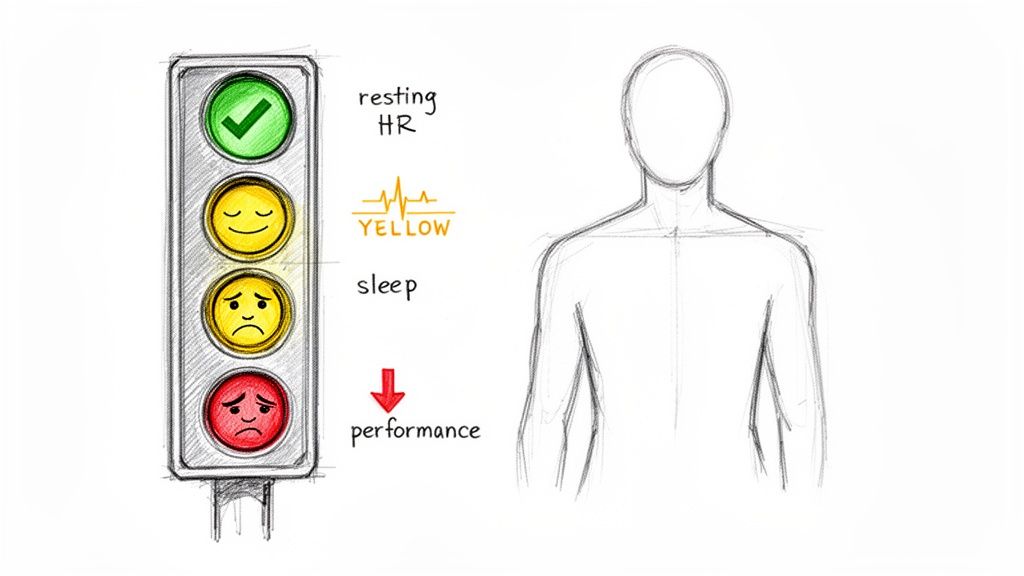 A sketch showing a traffic light with health indicators: green (resting HR), yellow (heart rate, sleep), and red (poor performance).