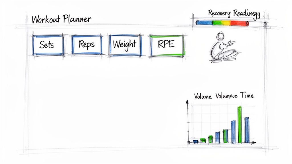 A sketched workout planner app interface with sections for sets, reps, weight, RPE, recovery readiness, and workout volume tracking.