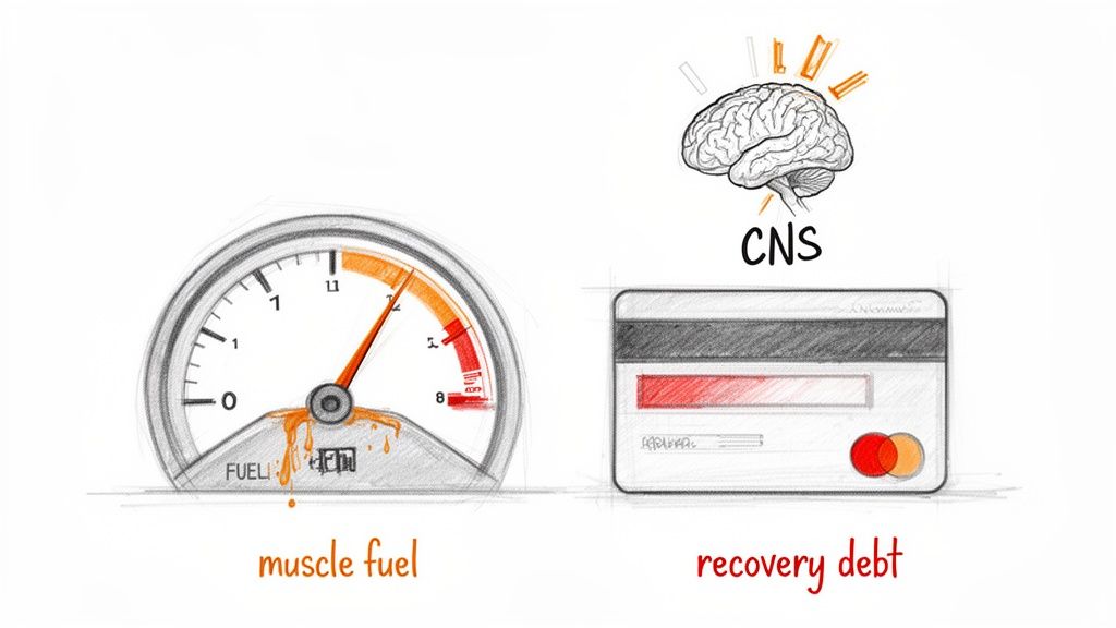 Illustration showing a muscle fuel gauge spilling and a credit card representing recovery debt with CNS brain.