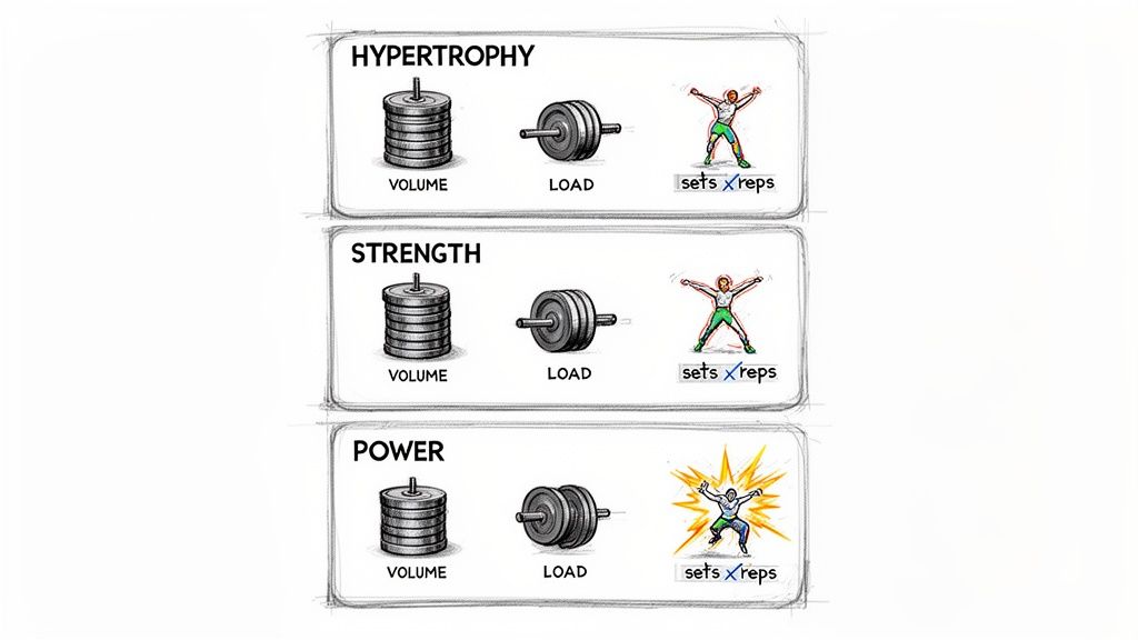 Infographic illustrating hypertrophy, strength, and power training differences in volume, load, and sets/reps.