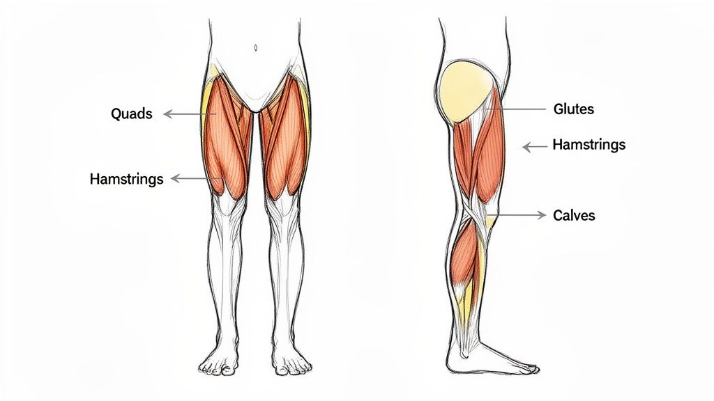 Anatomy diagram showing front and side views of human leg muscles: quads, hamstrings, glutes, and calves.