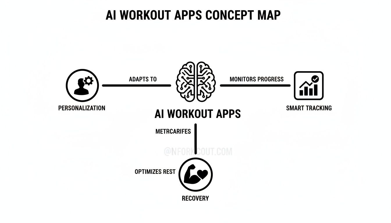Concept map illustrating AI workout apps adapt to personalization, monitor progress, and optimize recovery.