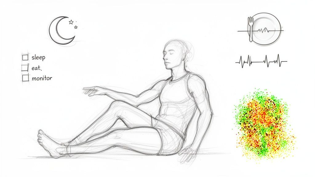 Sketch of a person sitting, surrounded by health and wellness icons like sleep, food, and heartbeat.
