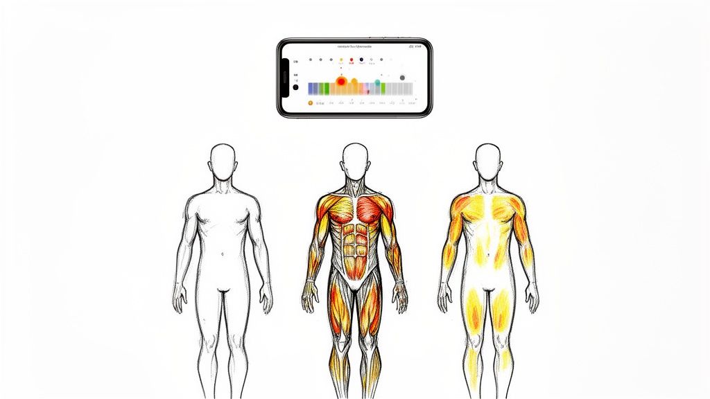 A smartphone app display above three human body diagrams showing muscle structure and highlighted areas.