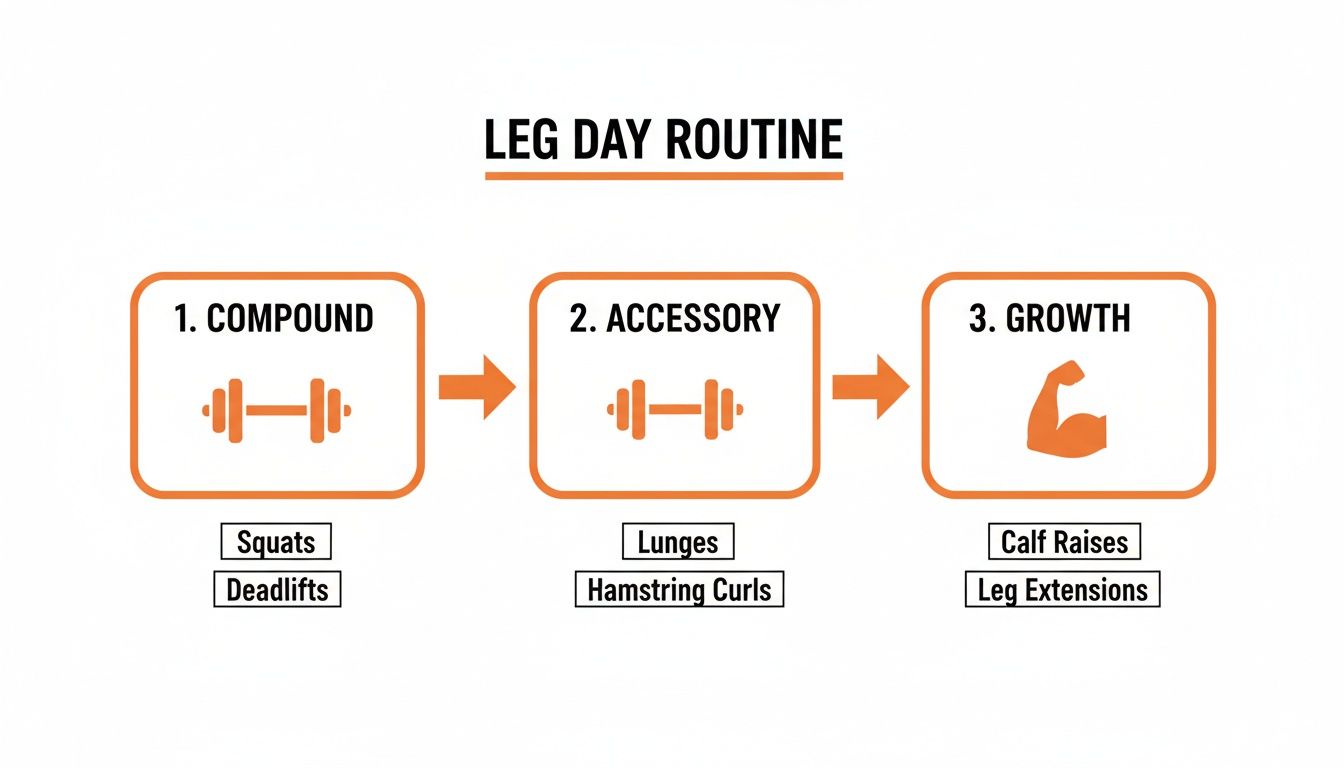 Visual guide outlining a leg day routine, categorized into compound, accessory, and growth exercises with specific examples.