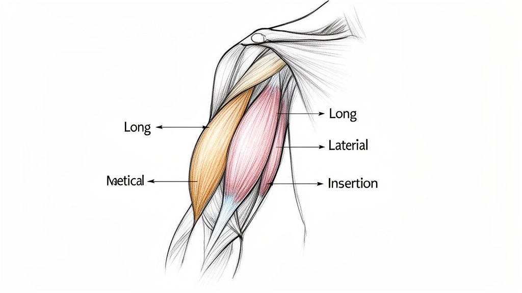 An anatomical illustration detailing the triceps muscle heads and insertion point in the human arm.