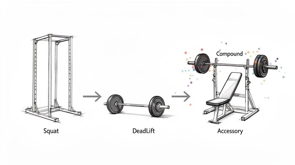 Progression of gym equipment: squat rack, barbell for deadlifts, and bench press setup labeled.